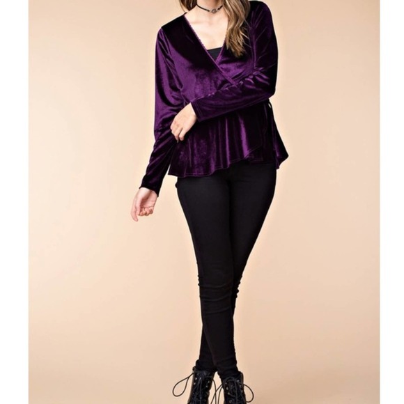 Velvet Surplice Peplum Blouse - Picture 4 of 8